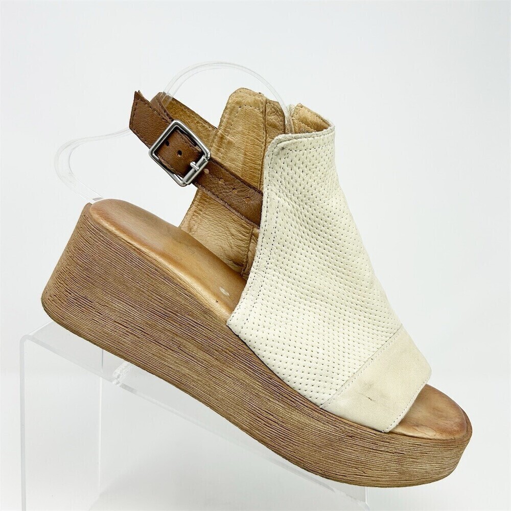 Miz Mooz Women's Platform Wedge Sandals Beige Perforated Ankle Strap Zip Size 41